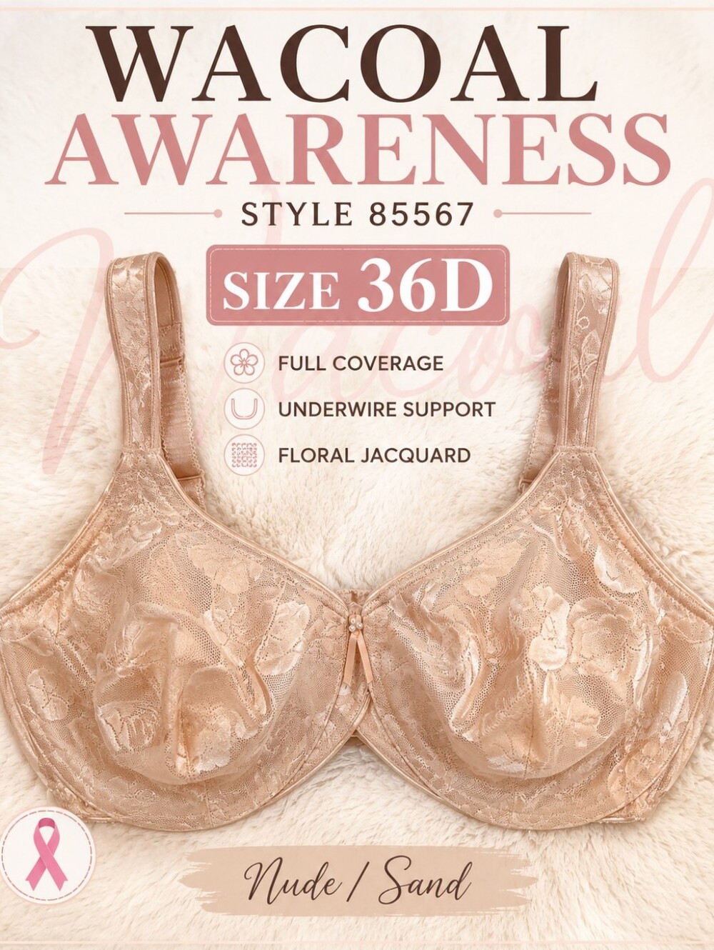 Wacoal Awareness Underwire Bra 36D Nude Beige 85567 Full Coverage Unlined (2)
